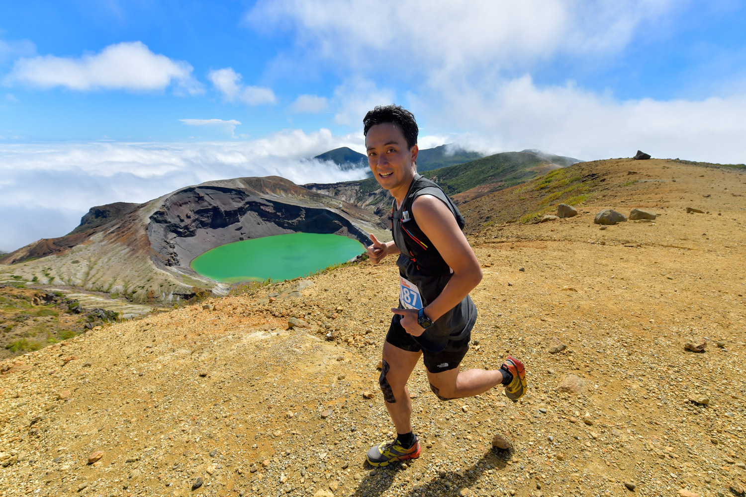 The green crater lake along the Zao 28K course, 2017 Skyrunning Asian Championships. ©2016WILLE Marketing Co Ltd